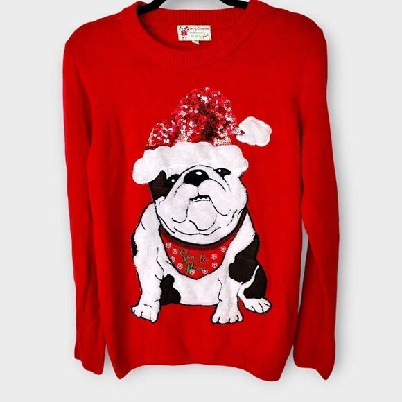 Poof! Christmas Sweater Womens Sz Medium Bull Dog Red Pullover Christmas Holiday - Picture 1 of 10